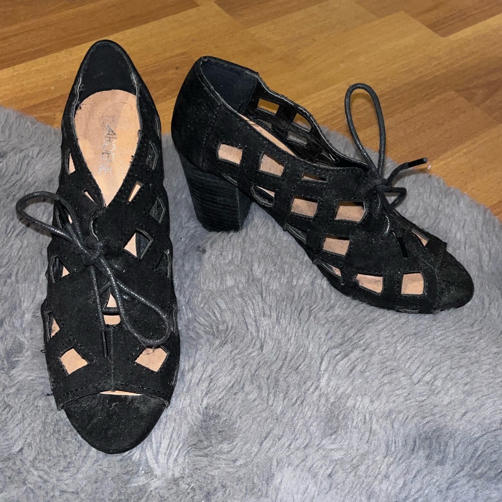 Ardene lace up peep toe cut out heels in black